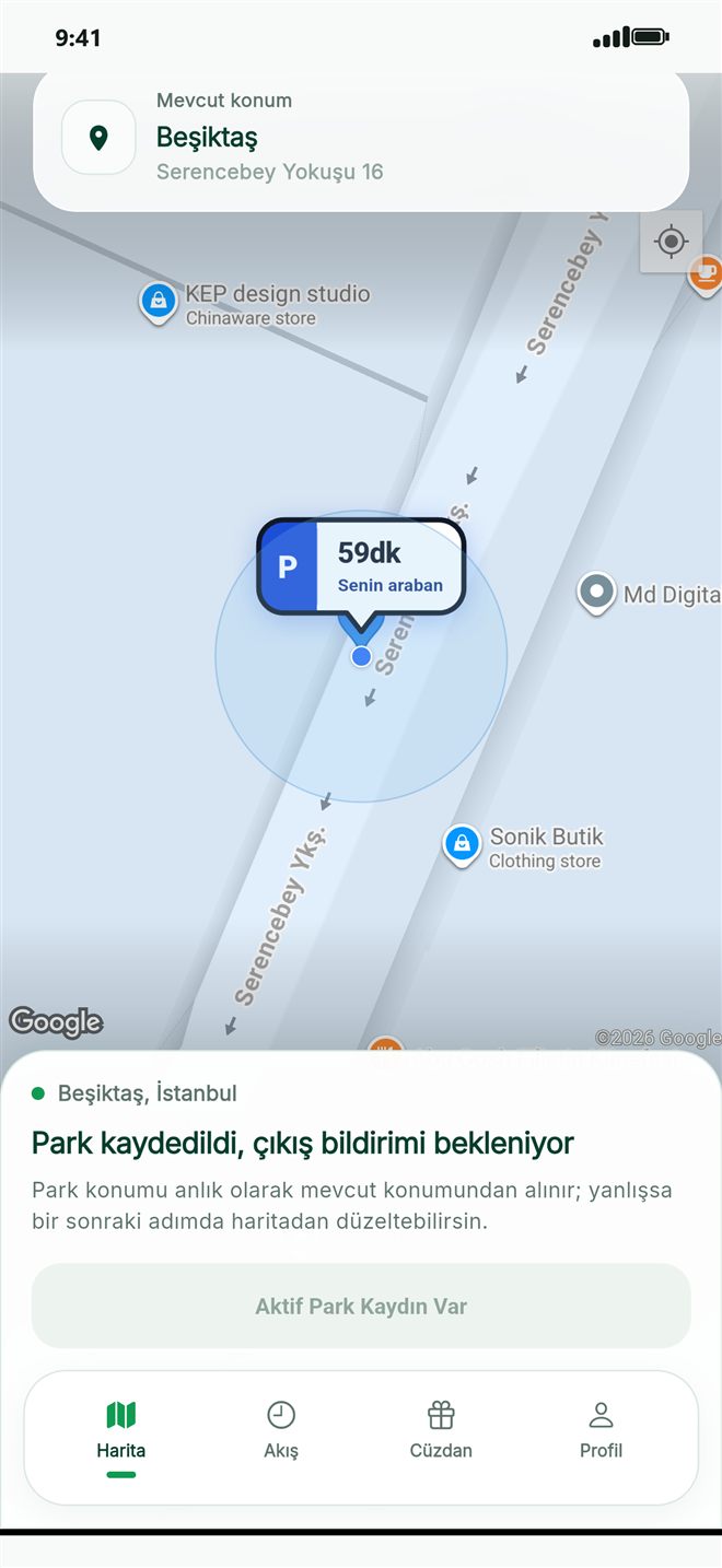 Yakın Park uygulamasında canlı harita ekranı